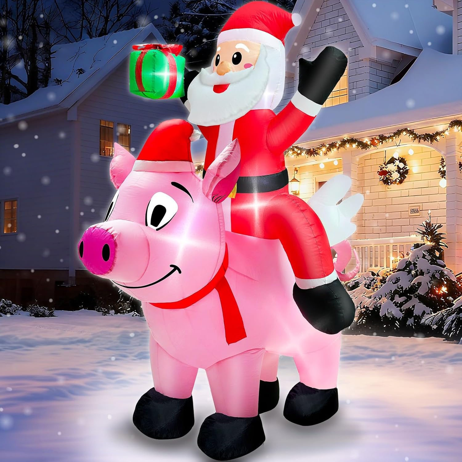 6 Ft Christmas Inflatable Outdoor Decoration, Lighted Farm Christmas Inflatables Santa Ride On Flying Pig With Built In
