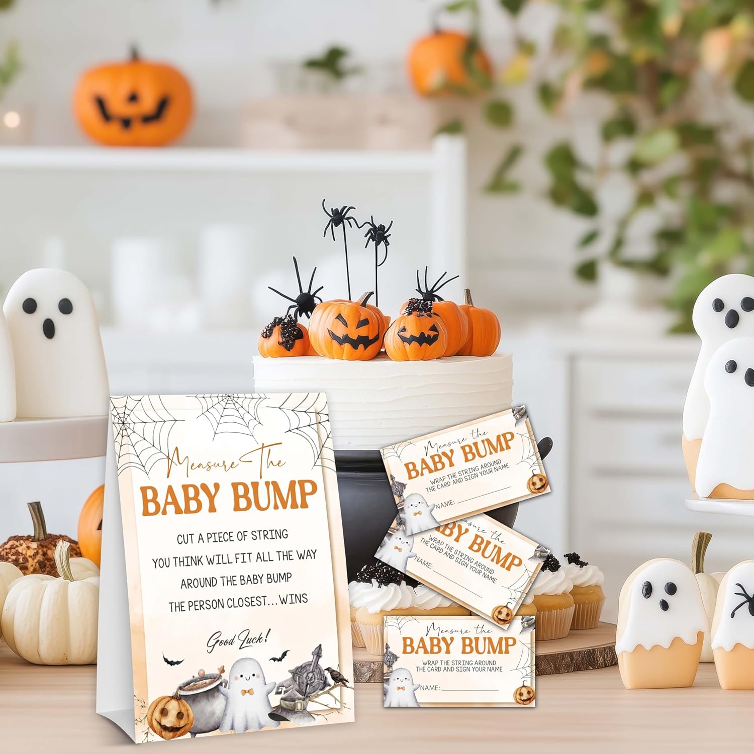 Halloween Baby Shower Games, Ghost Measure The Baby Bump For Pumpkin Gender Reveal Party Supplies Decorations, 1 Standing Sign + 50 Tickets - A03