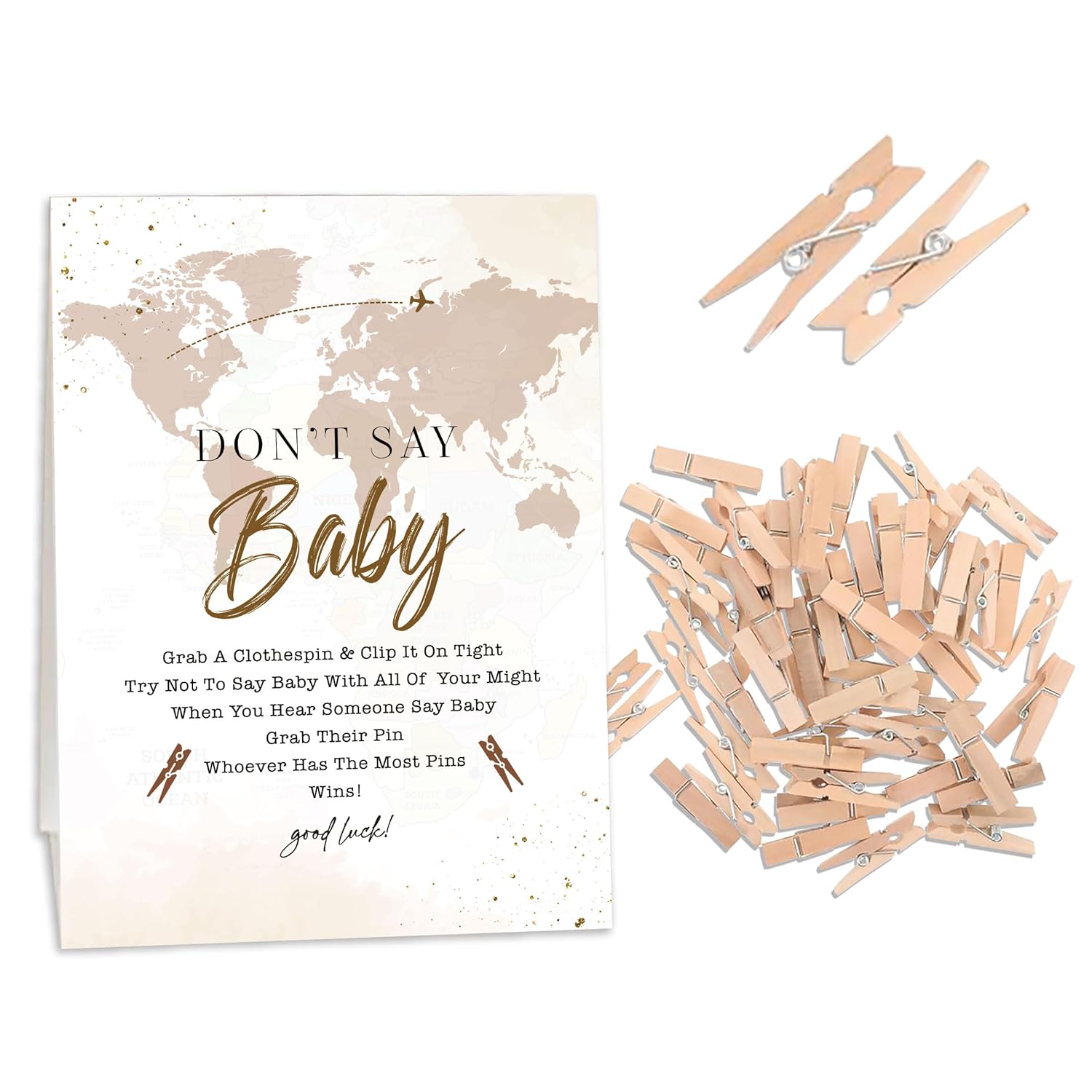 Travel Baby Shower Games, Don'T Say Baby Game For Baby Shower (One Sign With 50 Mini Clothespins), World Map Theme Baby Shower Decorations, Gender Reveal Game-Dsbb27