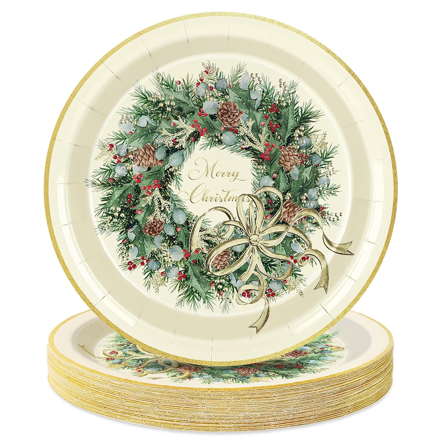 50Pcs Merry Christmas Paper Plates Xmas Wreath Disposable Plates 9 Inch Decorative Dinner Dessert Plates For Home Party Tableware Supplies