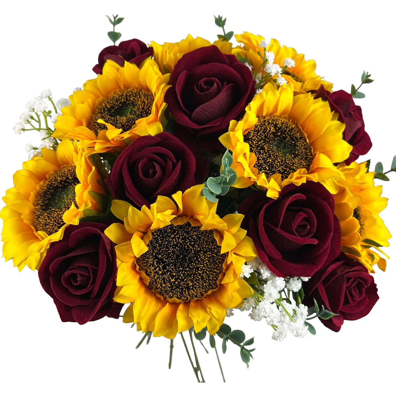 24Pcs Fake Rustic Combination Flowers Artificial Fall Decor Long Single Stem Flower Include Sunflowers Babys Breath Burgundy Roses And Green Eucalyptus Stems For Wedding Home Party Decor