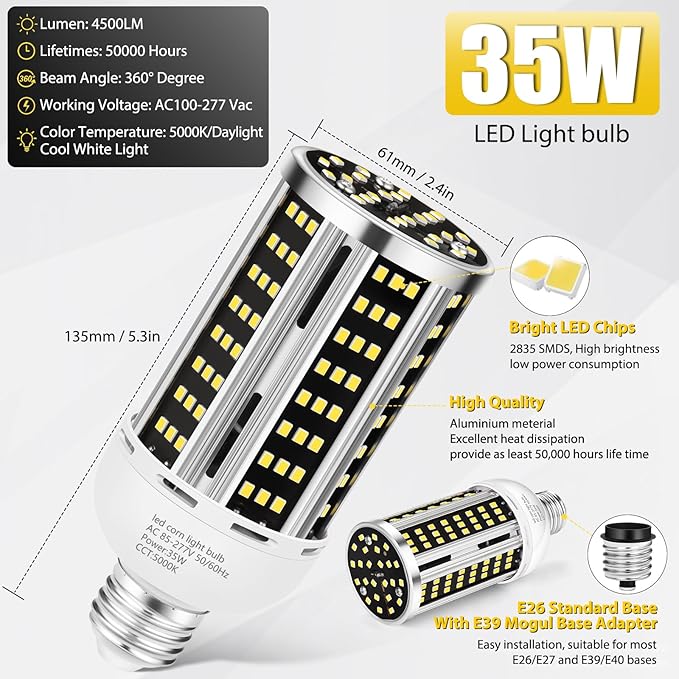 6 Pack 35W LED Corn Light Bulbs 300W Equivalent 5000K Daylight 5000 Lumens E26 E39 Base