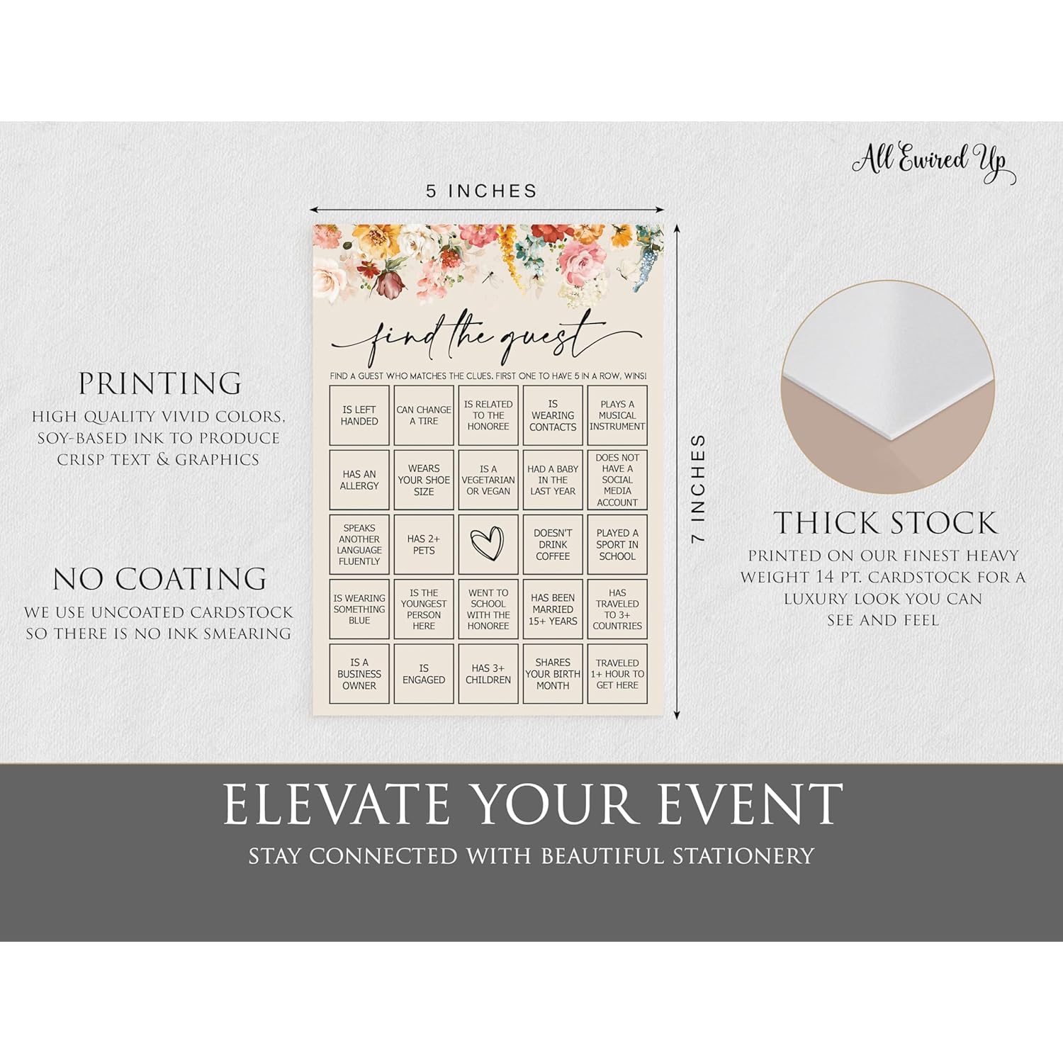 50 Find The Guest Bingo Game (50-Cards) Fun Baby Shower Game Activity, Bridal Shower, Wedding Decorations, Rehearsal Dinner, Engagement Party, Wildflower, Boho, Girl
