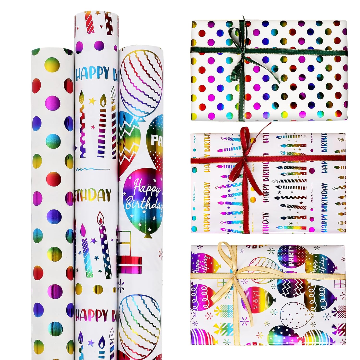 Happy Birthday Wrapping Paper Roll, 3 Pack Mini Rolls Gift Wrap Sheet, Rainbow Design With Polka Dots, Balloons & Candles On White Foil For Kids Presents, 17 Inch X 120 Inch (10 Feet)
