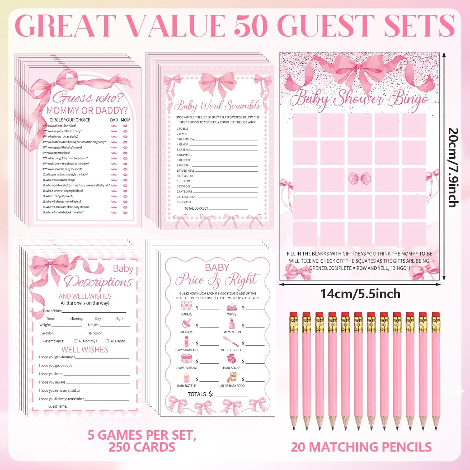 321 Pcs Pink Bow Baby Shower Games Party Bulk For Guests- 1 Don'T Say Baby Wooden Sign,50 Pink Bow Clothes Pin,250 Bingo Games Cards,20 Pencils,Guess Who Mommy Or Daddy Price Is Right Birthday