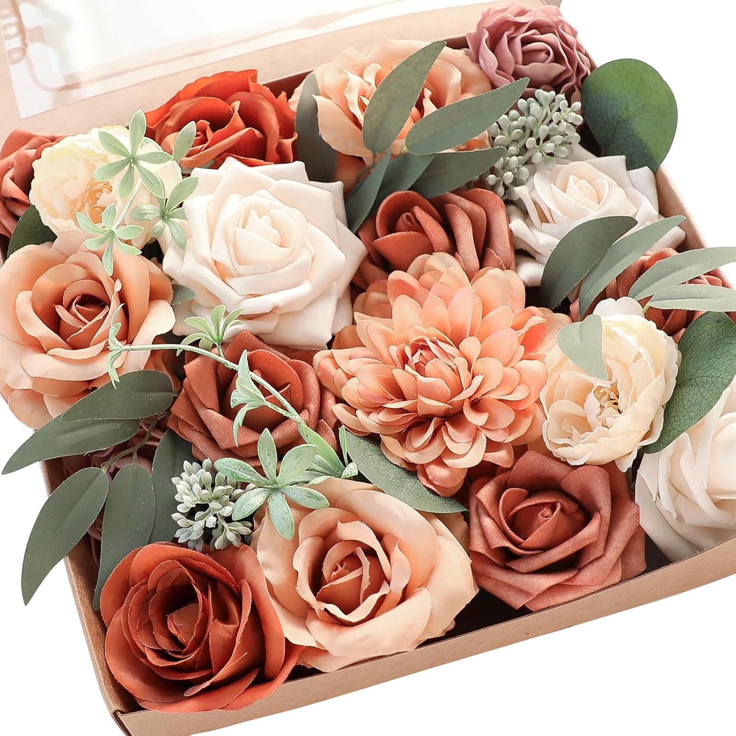 Terracotta Artificial Flowers Burnt Orange Fake Roses Peonies Dahlia Greenery Combo Box Set For Diy Wedding Bouquets Bridal Shower Centerpieces Floral Arrangements Party Tables Home Decoration