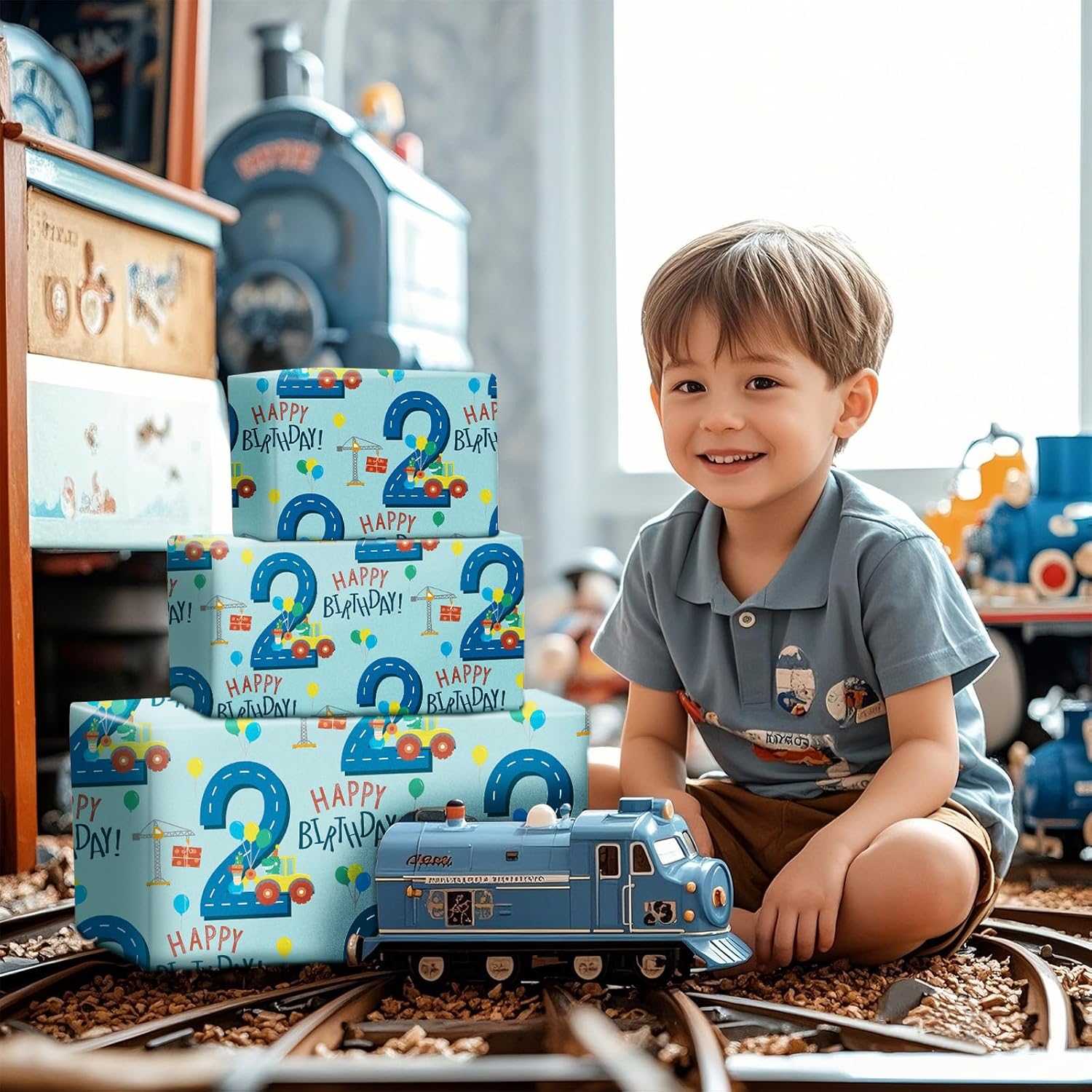 Birthday Wrapping Paper For Boy - Mini Roll - Dinosaur Truck Happy Birthday Design For Boys' Birthday Party And More - 17 Inches X 16.4 Feet - 2 Year Old