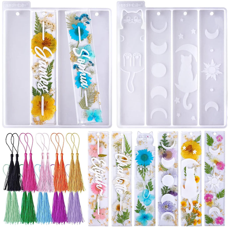 Bookmark Resin Molds Silicone 1.5'' Wide, Blank And Cat Moon Pattern Silicone Bookmark Molds Kit With 20Pcs Tassels, Rectangle Bookmark Molds For Epoxy Resin Casting Crafts