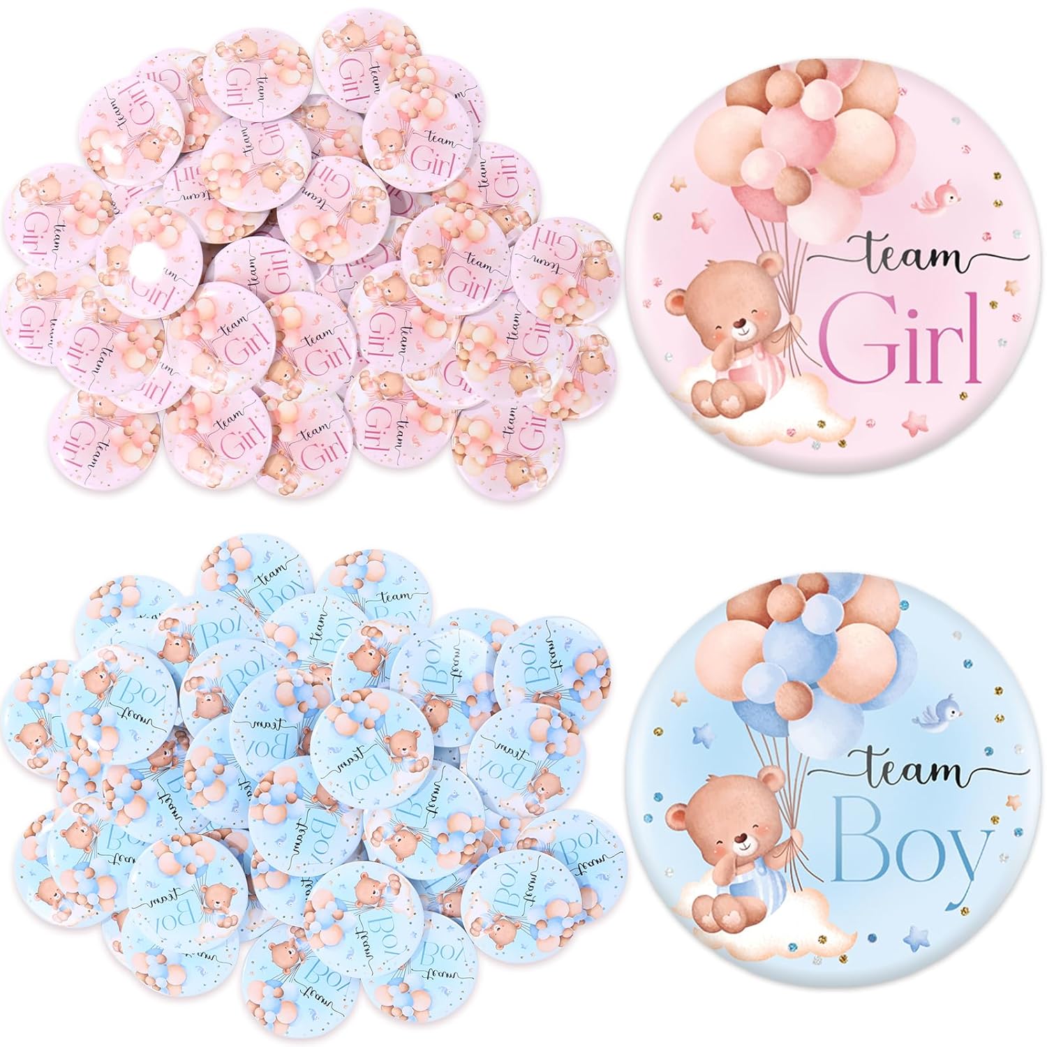 50 Pcs Bear Balloon Gender Reveal Button Pink Blue Pins Team Girl Boy Buttons Badges For Baby Shower Party Favors Game Supplies, 1.8 In