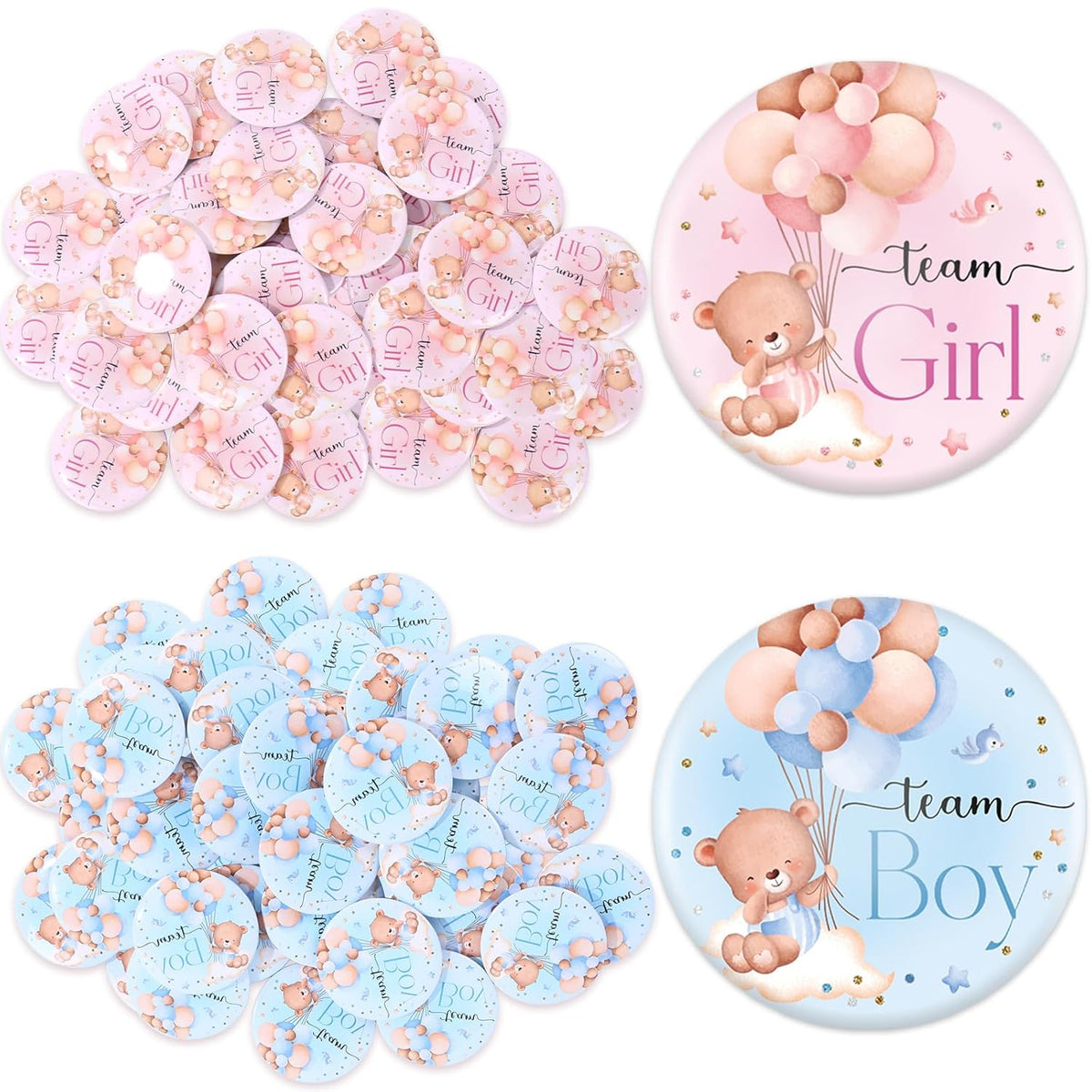50 Pcs Bear Balloon Gender Reveal Button Pink Blue Pins Team Girl Boy Buttons Badges For Baby Shower Party Favors Game Supplies, 1.8 In