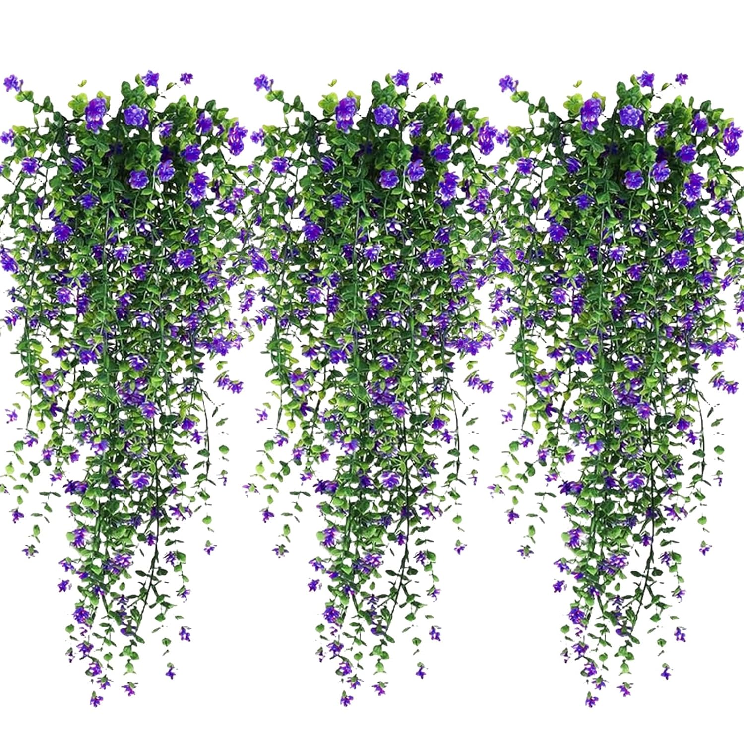 Artificial Hanging Flowers, 3 Pcs Fake Hanging Plants Artificial Vines For Outdoors, Fake Ivy Vine Uv Resistant No Fade Faux Plants For Indoor Outside Garden Patio Yard Greenery Decoration (Purple)