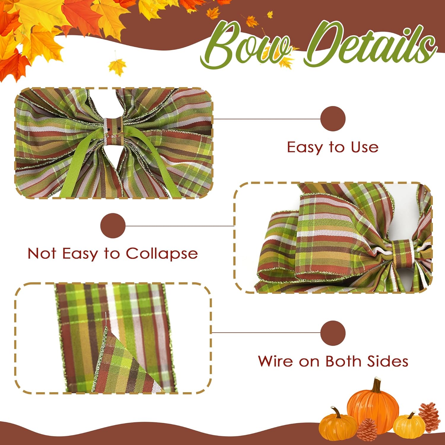Christmas Tree Bows 10×20'' Fall Plaid Bows For Gift Wrapping Green Wreath Bows With Wire Edge Premade Gift Bows For Craft Present Fireplace Holiday Christmas Autumn Decorations, 2 Pcs