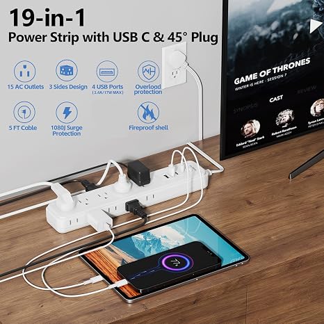 15 Outlet Surge Protector Power Strip 4 USB Ports USB C 5FT Cord Flat Plug White