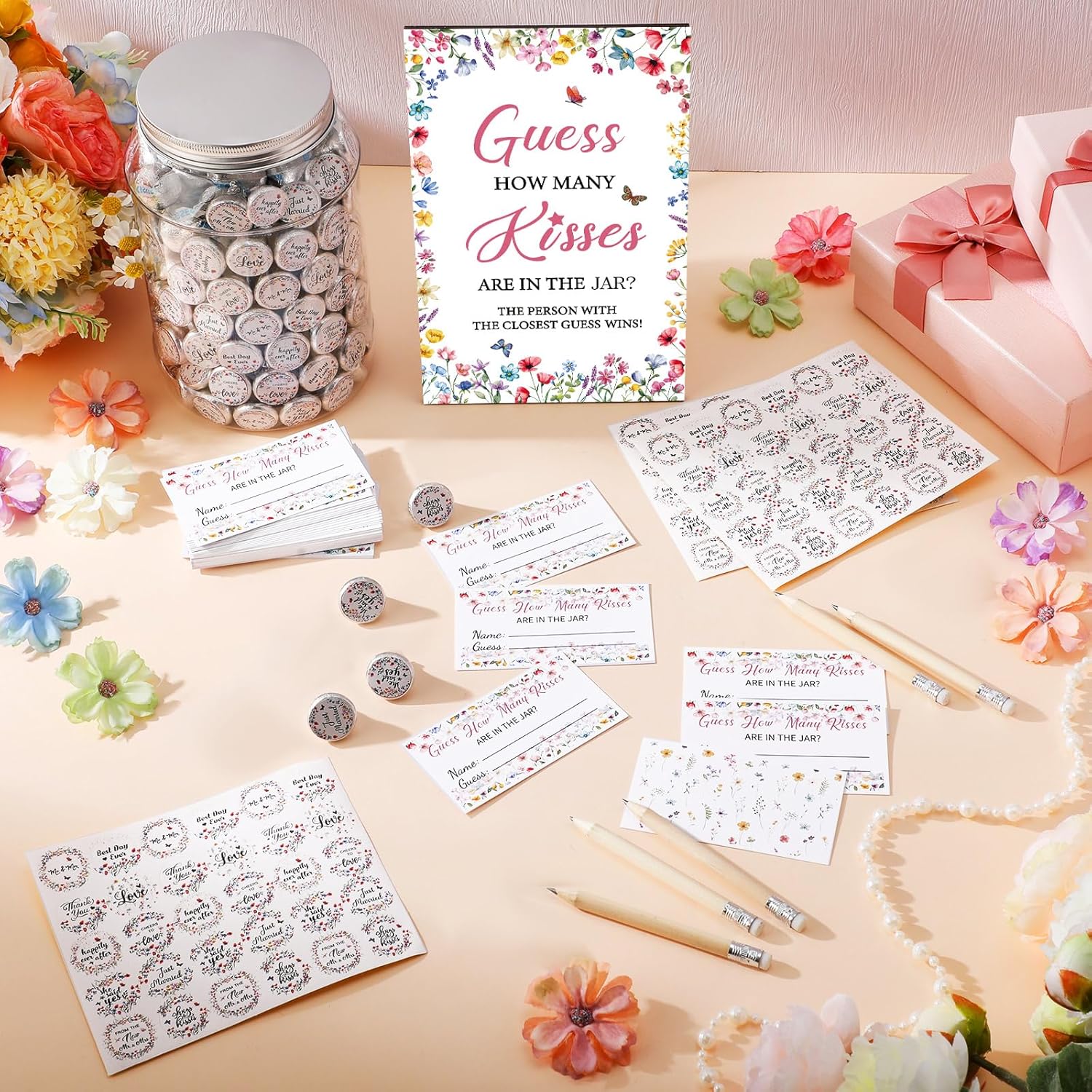 242 Pcs Guess How Many Kisses Bridal Shower Games 1 Standing Sign 50 Guessing Cards 180 Wildflower Kisses Stickers 10 Pencils 1 Jar For Bridal Shower And Weddings