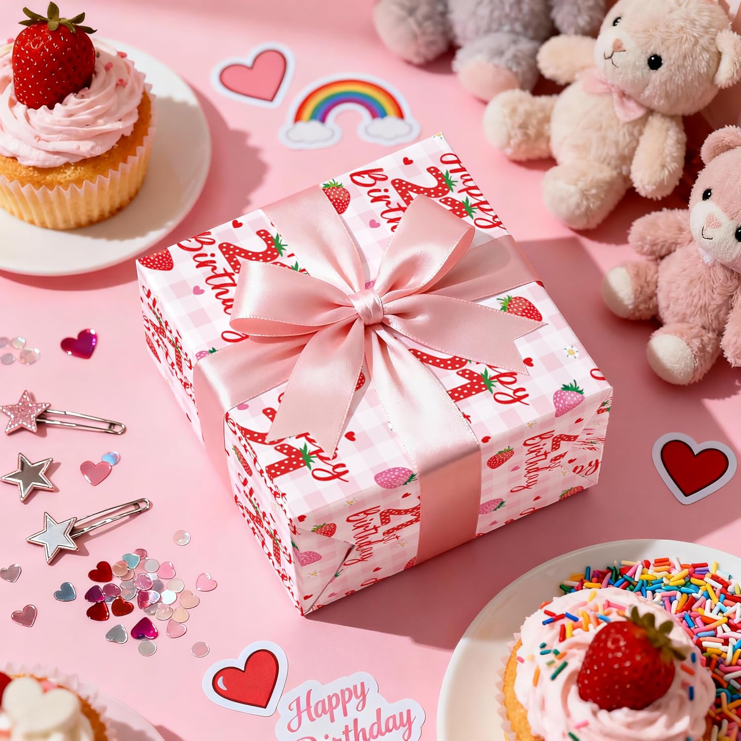 Happy 21St Birthday Wrapping Paper Roll, Strawberry & Pink Gingham Gift Wrap For Woman’S Twenty-First Age21 Birthday Party, Gifts & Celebrations, Mini Roll 17 In X 16.4 Ft