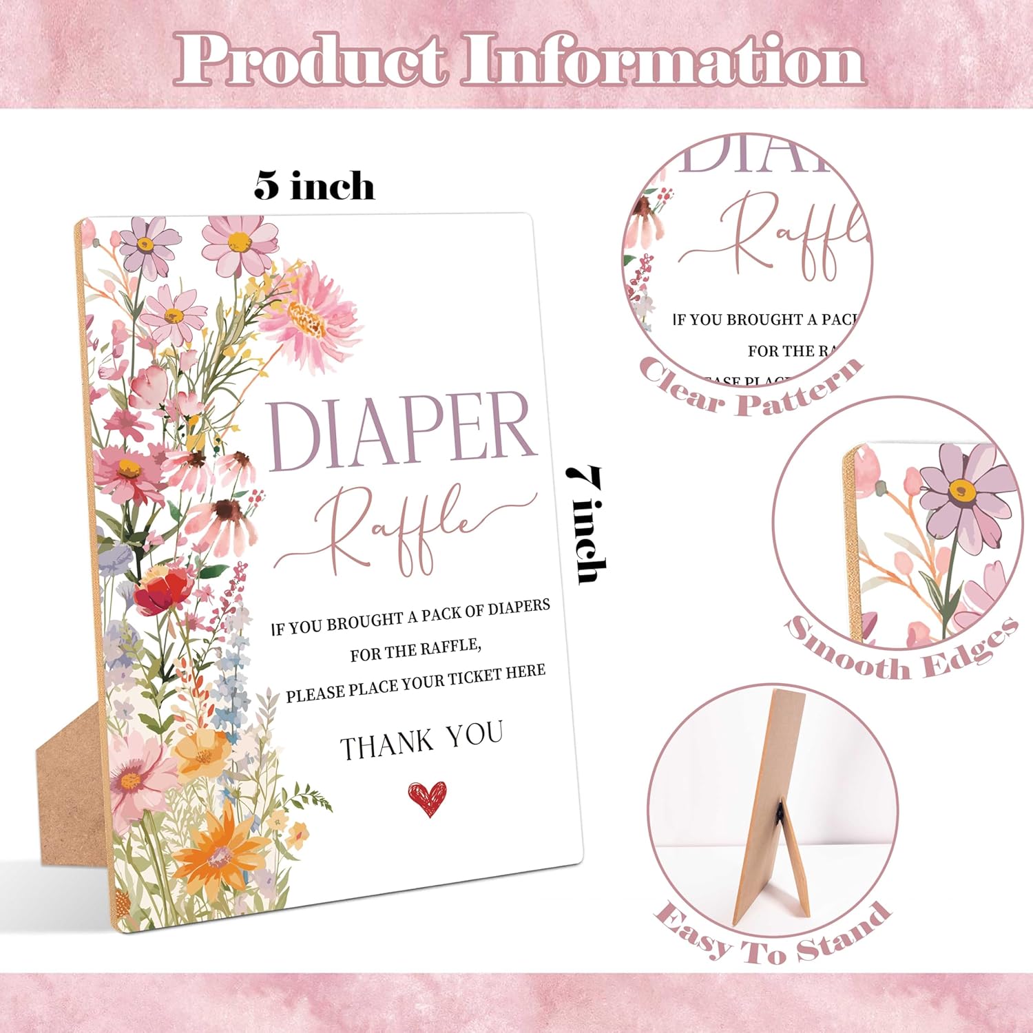 Wildflower Baby Shower Diaper Raffle, Pack Of 1 Wooden Tabletop Sign With Stand And 50 Diaper Raffle Tickets, Floral Baby Shower Game, Gender Reveal Party Decorations - Eh17
