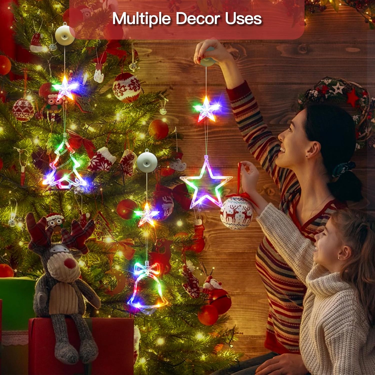Christmas Window Lights Decorations, 3Pcs Tree-Jingle Bell-Star Shaped Xmas Lights Battery Powered With Suction Cups & T