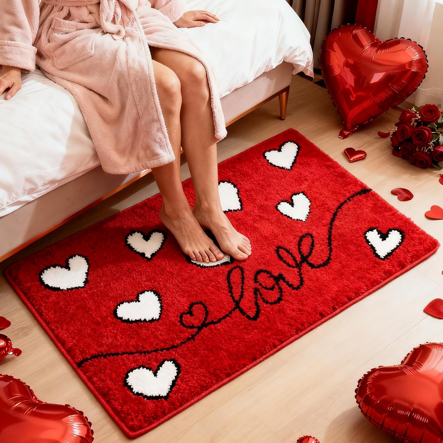 Valentine'S Day Bathroom Rug, Red Love Heart Tufted Bath Mat, Soft Valentines Day Bath Mats Non Slip Absorbent Rectangle Shower Rug Front Door Mat For Home Kitchen Bedroom Decor, 20X30 Inch
