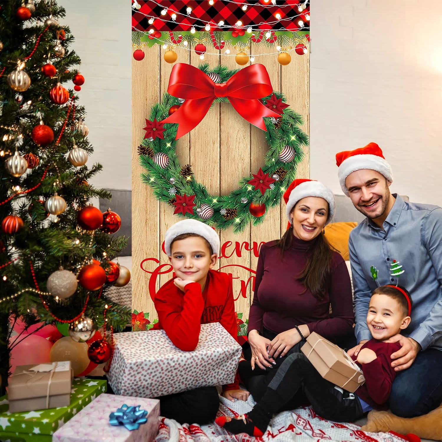 Merry Christmas Wood Grain Plaid Edge Wreath Banner For Farmhouse Door Decoration