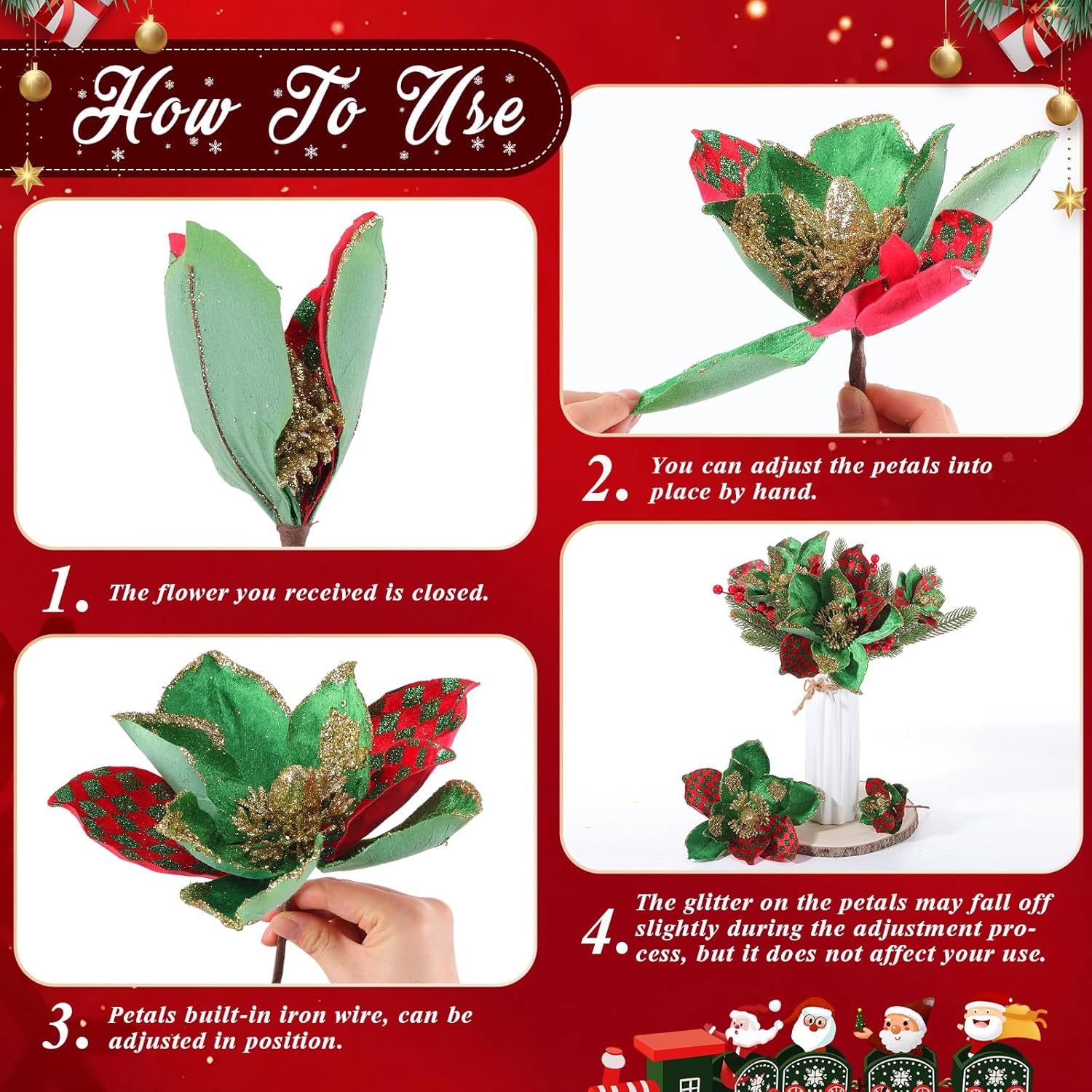 15 Pcs 3 Size Velvet Christmas Poinsettia Flowers Magnolia Glitter Artificial Flowers Ornaments Poinsettia For Christmas Tree Wreath Garland Wedding Holiday Decor(Red And Green)