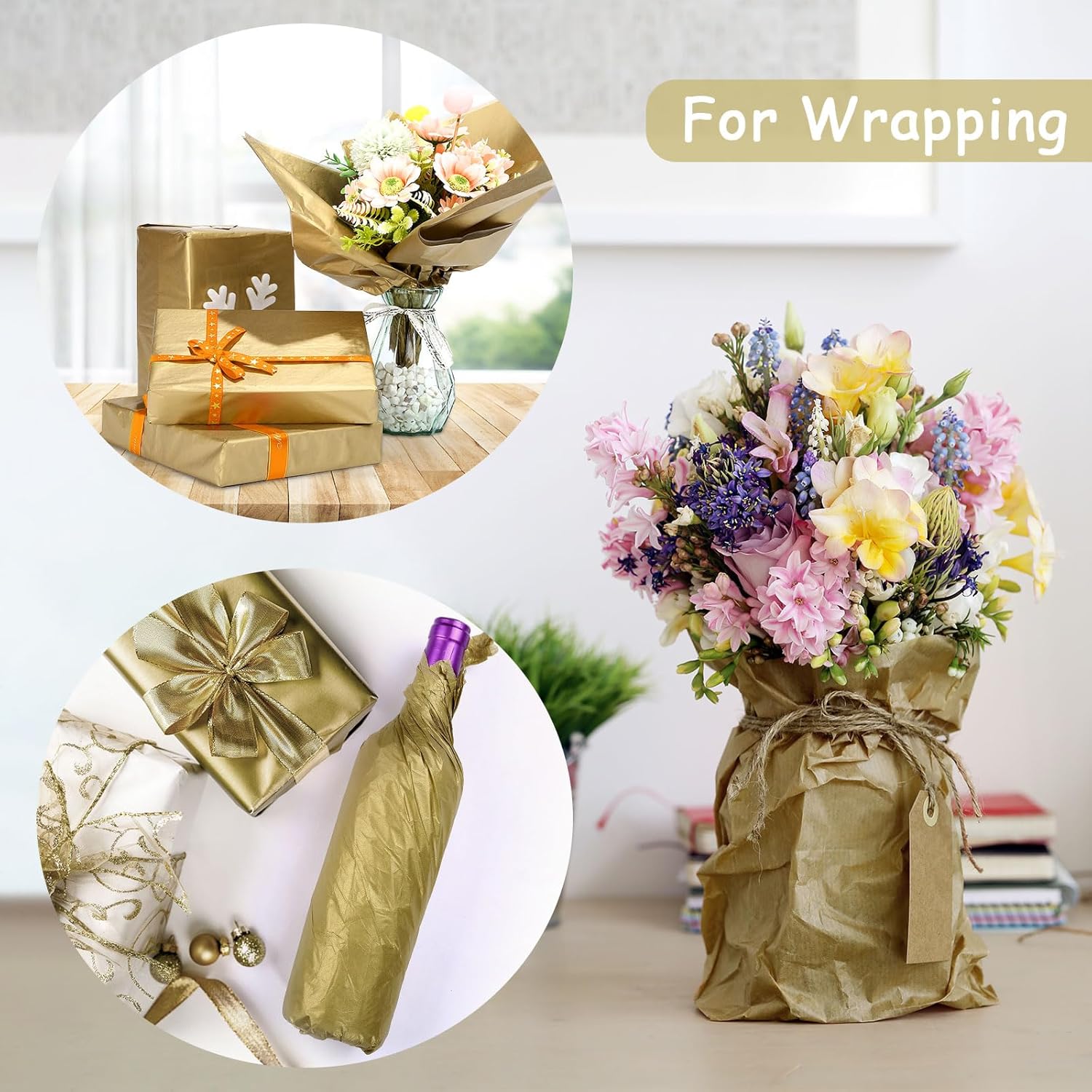 Gold Tissue Paper For Gift Bags, 14" X 20" Wrapping Paper Bulk Tissue Paper For Crafts, Packaging, Gift Wrap, Floral, Holidays - 60 Sheets
