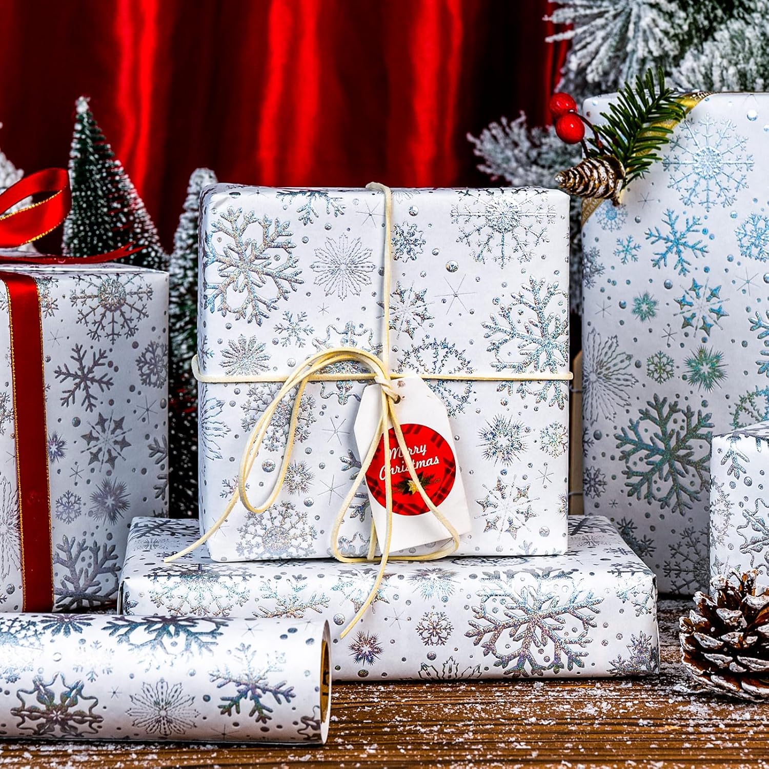 3D Kraft Christmas Wrapping Paper Roll, Silver Glitter Snowflake Wrapping Paper, Classy Flakes Snowflake Silver Christmas Gift Wrap For Winter Holiday, Festive Celebration (17 Inch X 33 Feet)