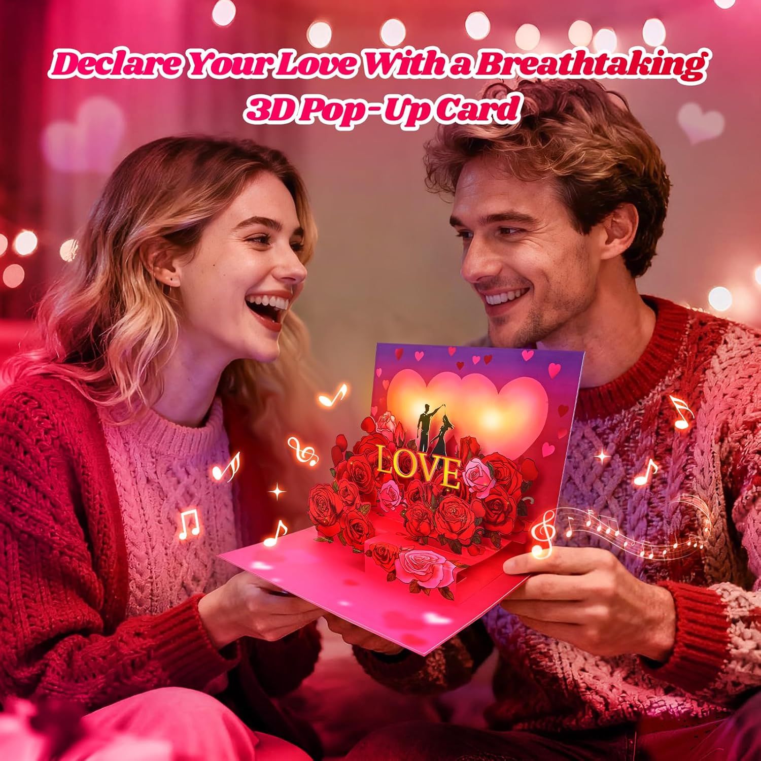Happy Anniversary Cards With Music & Lights, Romantic 3D Pop Up Love Letter, Heart Shape & Rose Wedding Valentine Anniversary Cards For Couple Husband Wife Him Her, I Love You Greeting Card