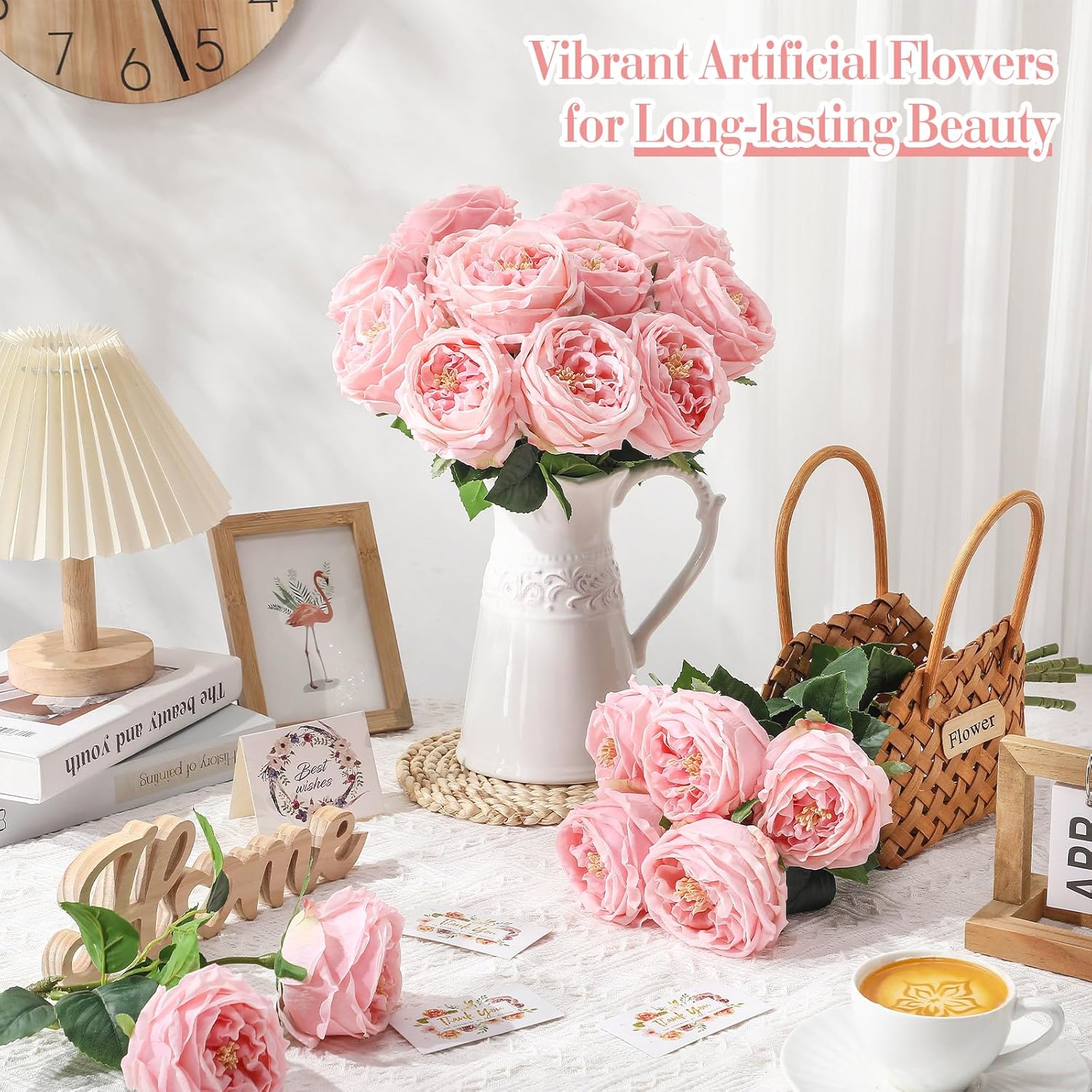 20 Pcs Real Touch Peonies Austin Roses Artificial Flowers, Faux Look Real Long Stems Fake Flower With Big Blooms For Christmas Valentines Wedding Party Diy Arrangement Home Decor(Pink)