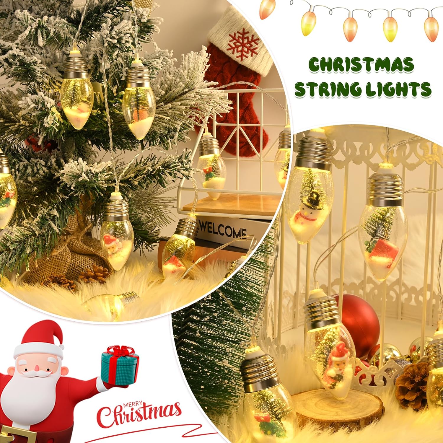 2Pcs Christmas Snow Globe String Lights, 13.2Ft Vintage Christmas Lights Indoor, 20 Led Globe Bulbs String Light With Sn