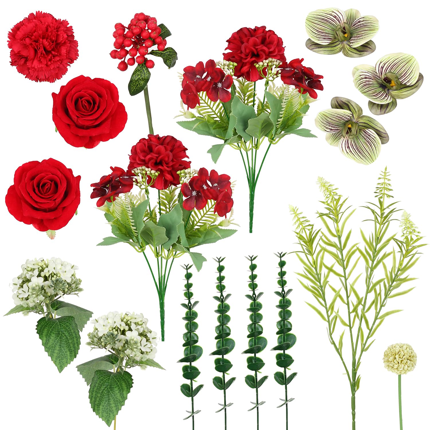 Artificial Flower In Black Glass Vase, Red Roses,Carnations, Orchids, Artificial Roses In Vase,11 X 11 X 16 Inches (Bgv-Red)