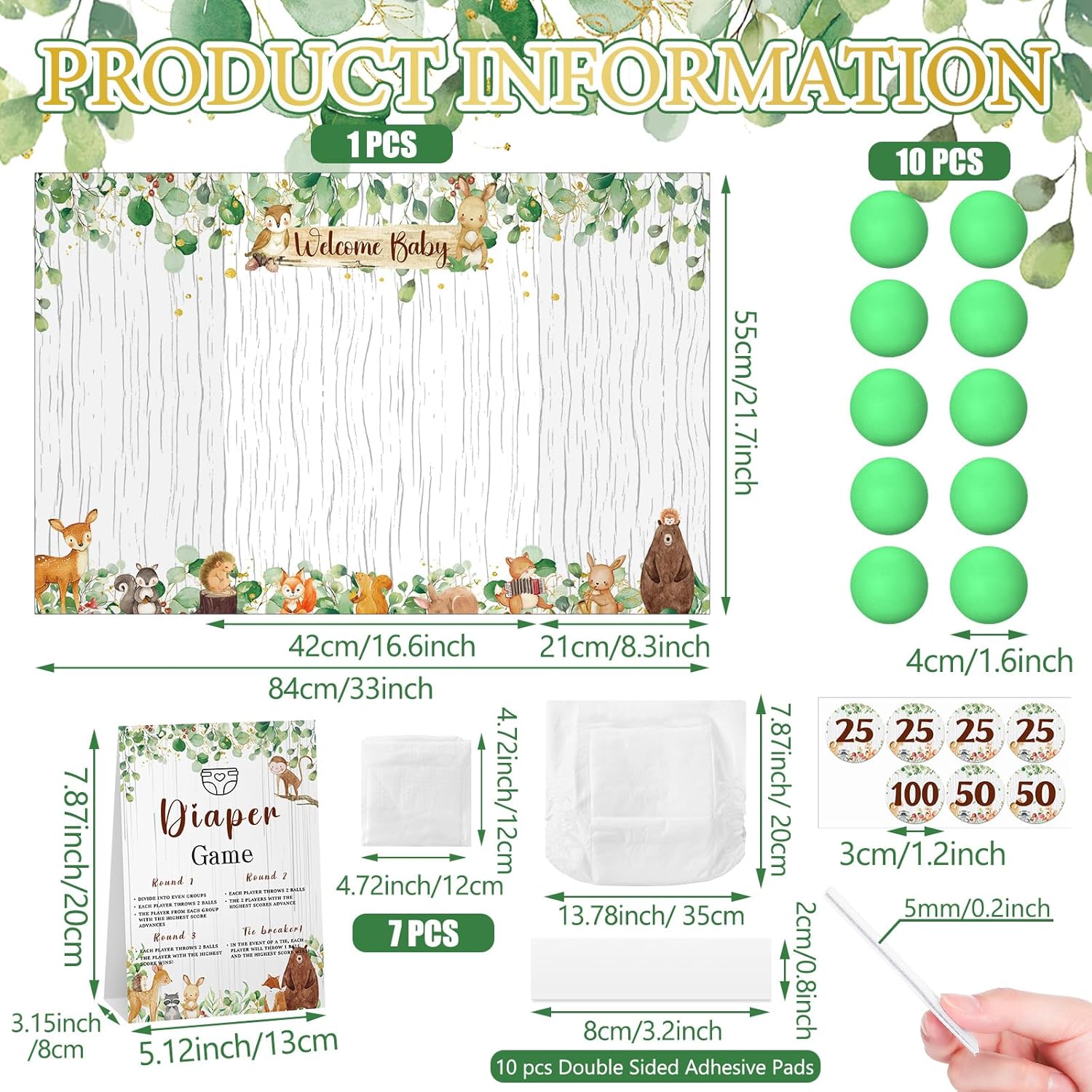 31 Pieces Woodland Animal Baby Shower Diaper Game 1 Diaper Baby Shower Game Board 7 Diapers 10 Plastic Balls 1 Organza Bag For Bridal Games Boy Girl