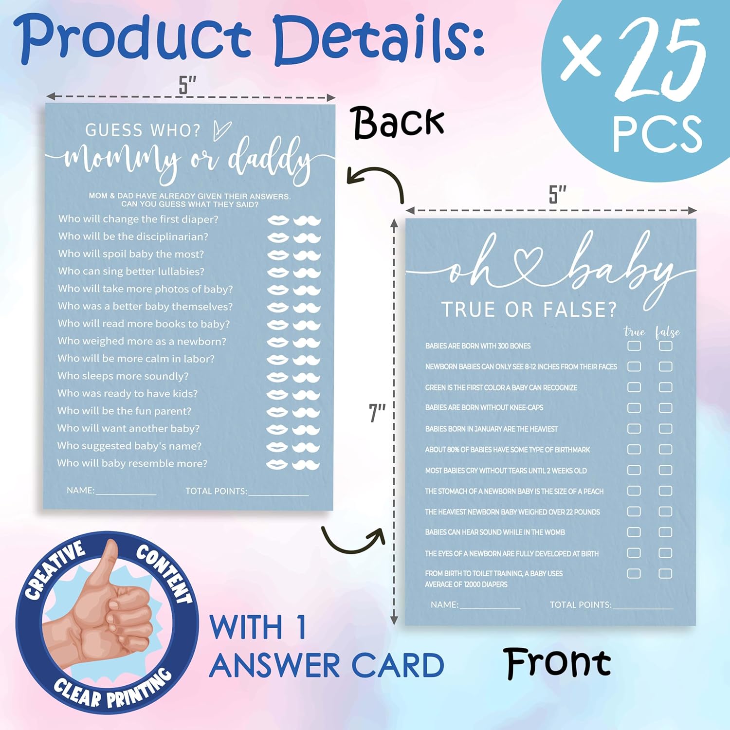 Baby Shower Games For Girl Or Boy, 5"" X 7"" Baby Shower Game Cards Ideas, Blue Minimalism Gender Reveal Party Decorations Supplies - A08, Medium