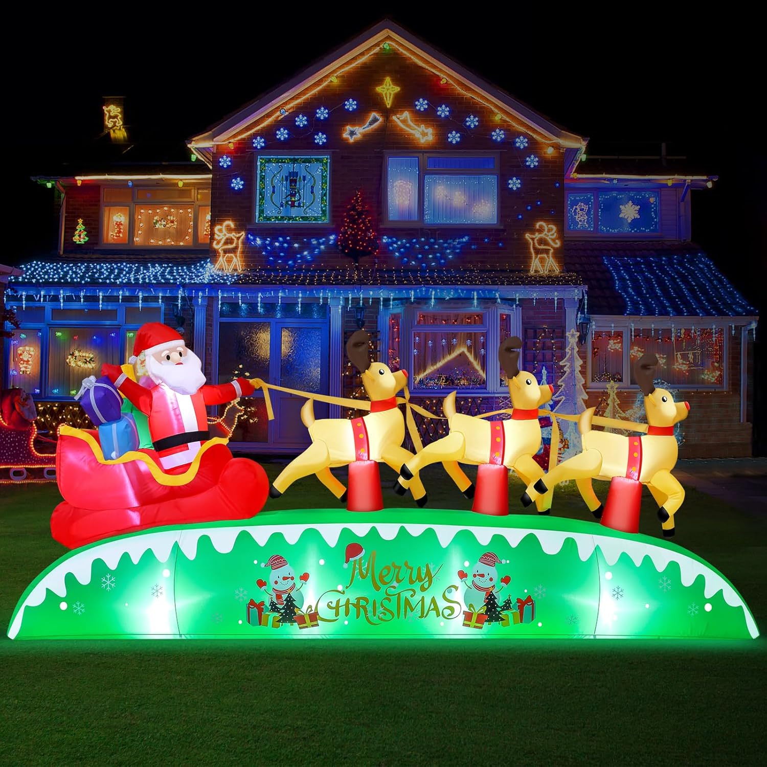 12Ft Long Christmas Inflatables Outdoor Decorations, Santa Sleigh And Reindeer Blow Up Yard Decorations With Built-In Su
