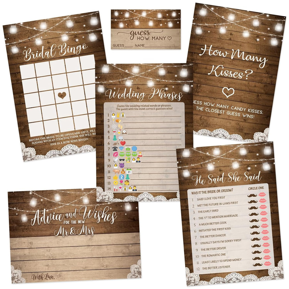 Bridal Shower Game Set – 5 Fun Games And Activities For 50 Guests, Includes Bingo, Trivia, Guess How Many, And Advice Cards, Rustic Country Wedding Shower Games