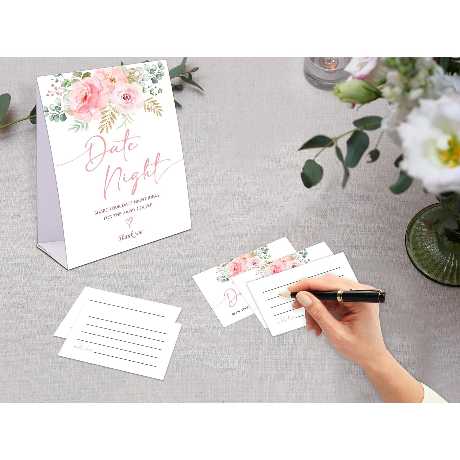 Blush Pink Floral Date Night Game, Date Night Ideas Sign With 50 Cards, Bridal Shower Game, Modern Bridal Shower Decorations, Wedding Date Night Advice - 08