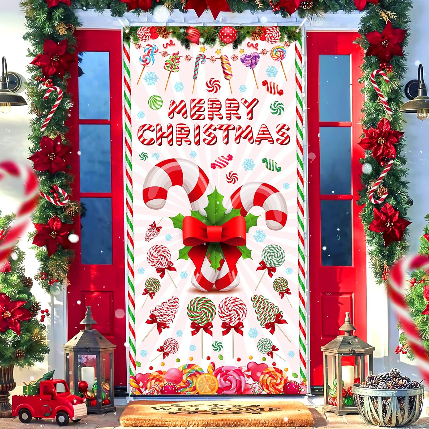 Merry Christmas Peppermint Candy Cane Themed Lollipop Door Hanging Banner For Xmas Party Indoor/Outdoor Wall Decor