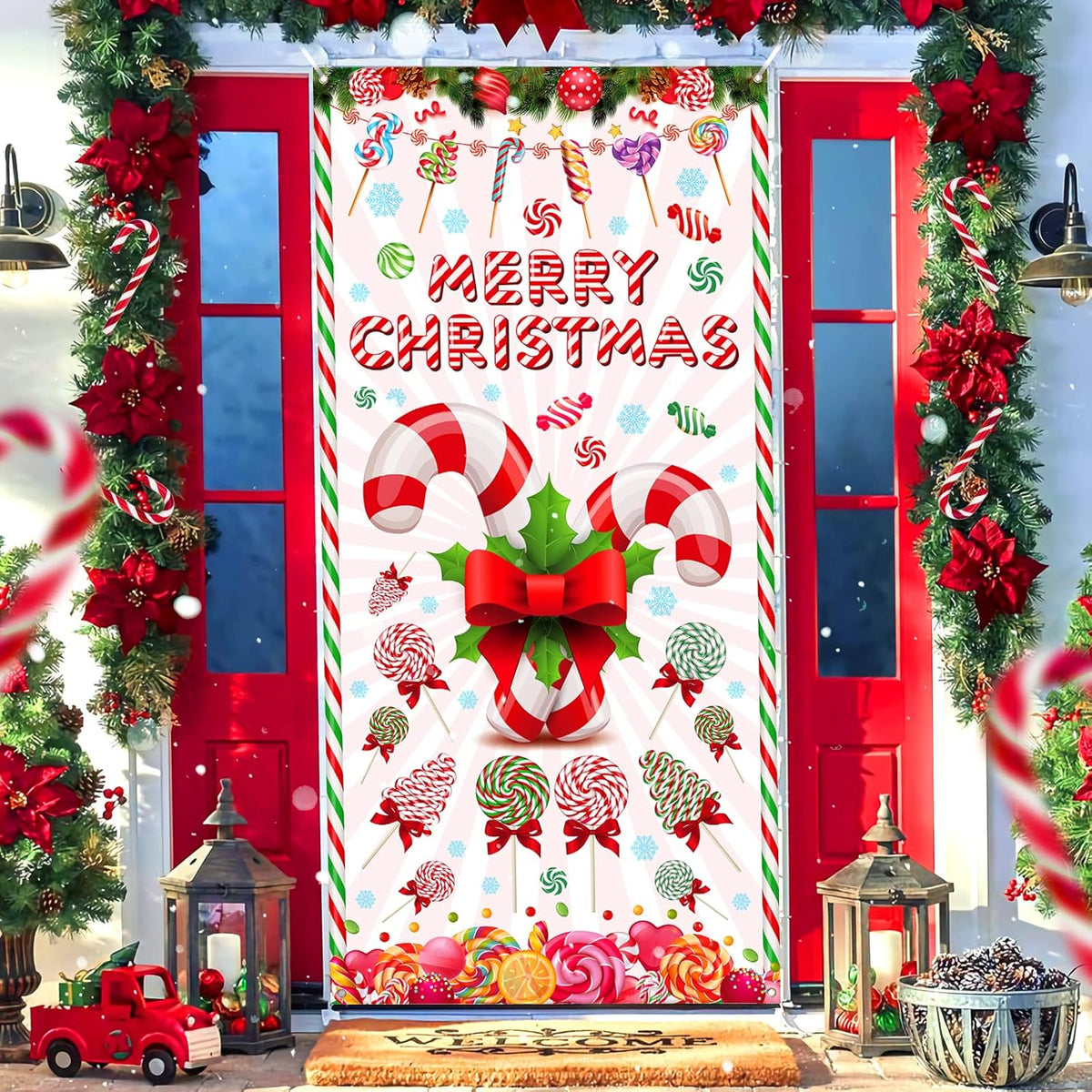 Merry Christmas Peppermint Candy Cane Themed Lollipop Door Hanging Banner For Xmas Party Indoor/Outdoor Wall Decor