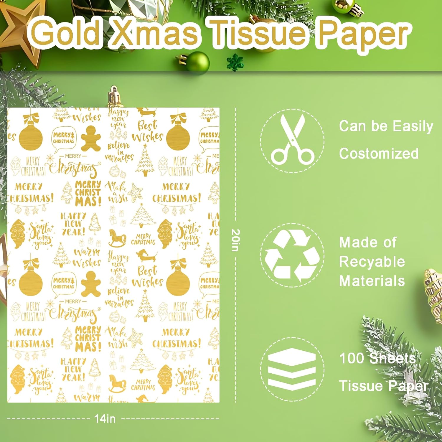 100 Sheet Gold Xmas Letter Tissue Paper, Golden Xmas Letter Gift Wrapping Paper For Christmas Diy Crafts Party Supplies, 13.8 X 19.7 Inch (Gold)
