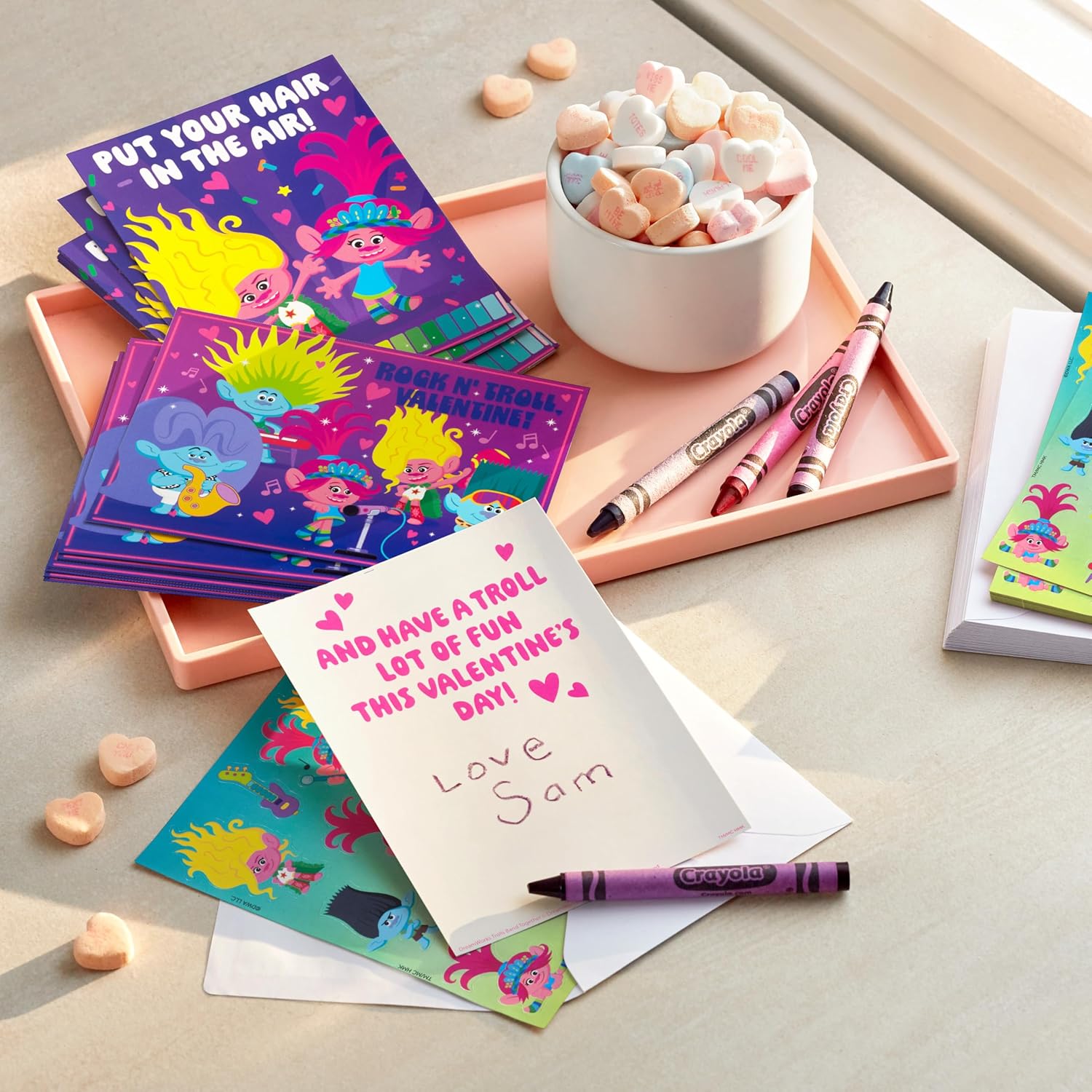 Hallmark Trolls Valentines Day Cards Assortment for Kids (24 Valentine Cards, 24 Sticker Sheets and Envelopes)