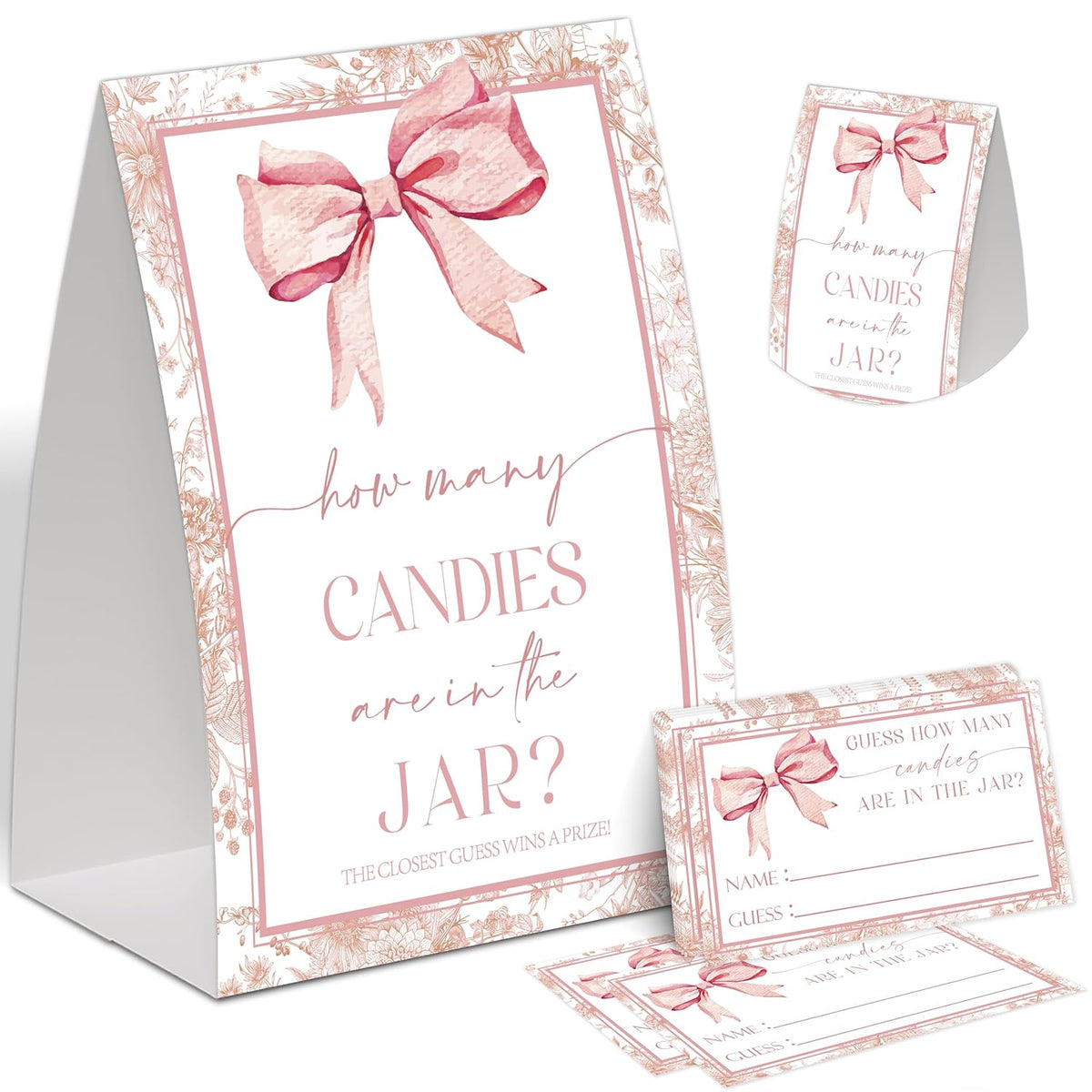 How Many Kisses In The Jar, Bridal Shower Games, Pink Bow Wedding Shower Decorations, Engagement Party Game, Bachelorette Games, Bridal Shower Favors, Bridal Shower Sign And 50 How Many Cards