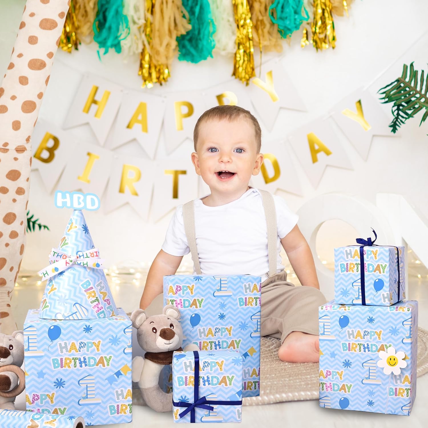1St Birthday Wrapping Paper Roll - Blue Happy Birthday With Balloon Gift Wrap Sheets For Kids Boys Baby Shower Party Decoration Celebration Total 28.5Sq.Ft