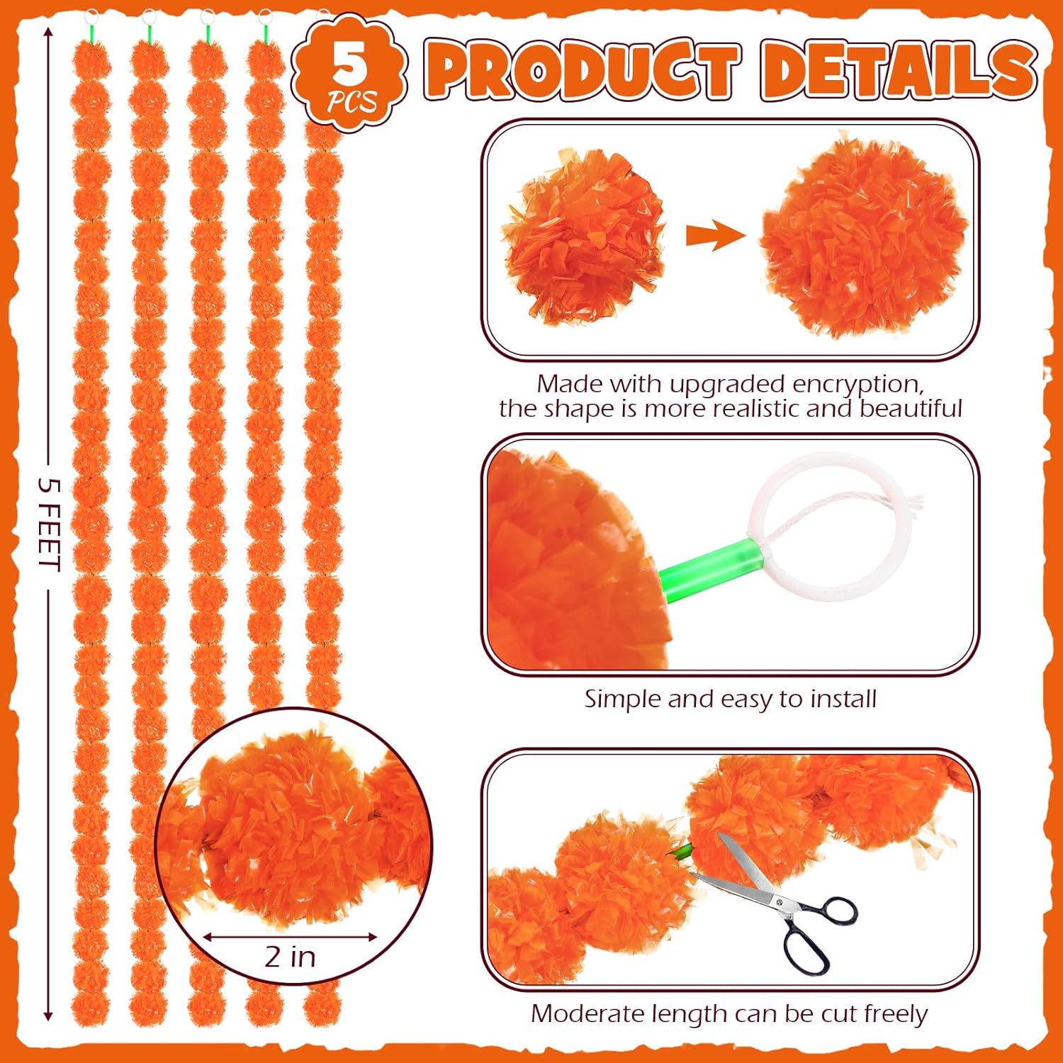 5 Pcs 5 Ft Marigold Garland Diwali Decoration Day Of The Dead Artificial Marigold Flowers Garland For Wedding Dia De Los Muertos Wedding Decoration(Orange)