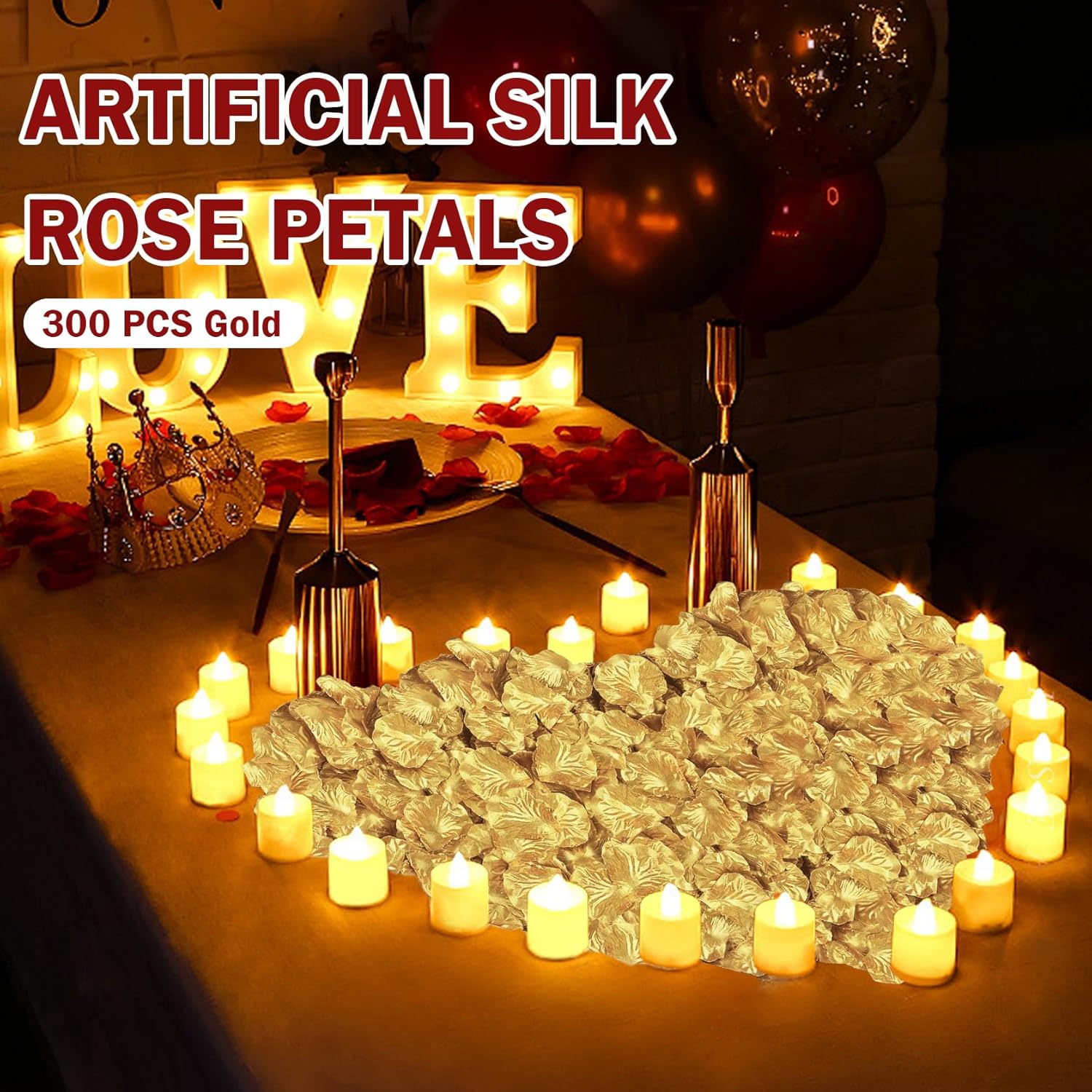300Pcs Gold Artificial Silk Rose Petals Fake Rose Flower Petals For Valentines Romantic Night Wedding Proposal Anniversary Party Decorations(Gold)