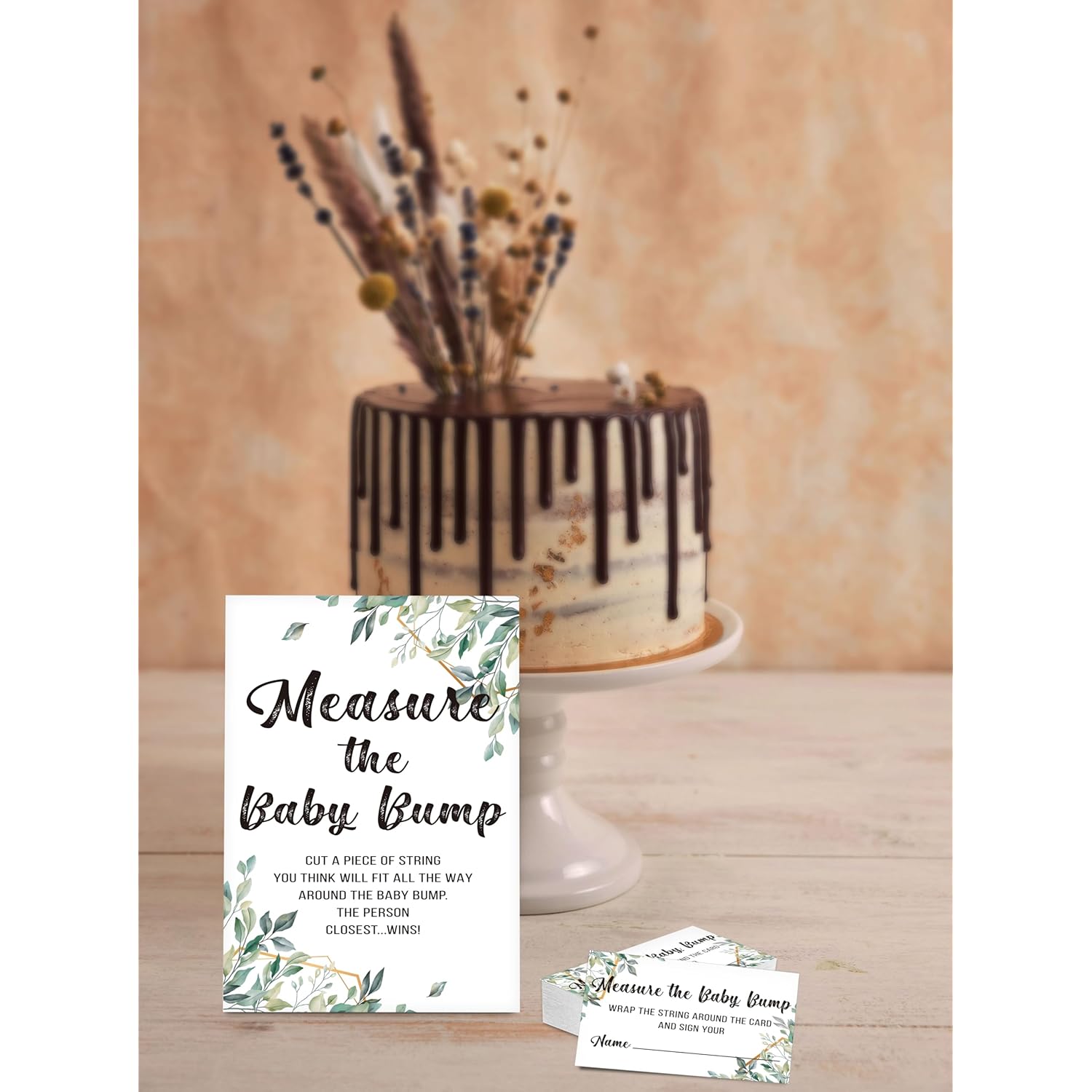 Baby Shower Game Set, Measure The Baby Bump(1 Standing Sign + 50 Find Cards), Neutral Greenery How Big Is Mommy'S Belly Party Game, Eucalyptus Gender Reveal Party Favor Decor(A01)