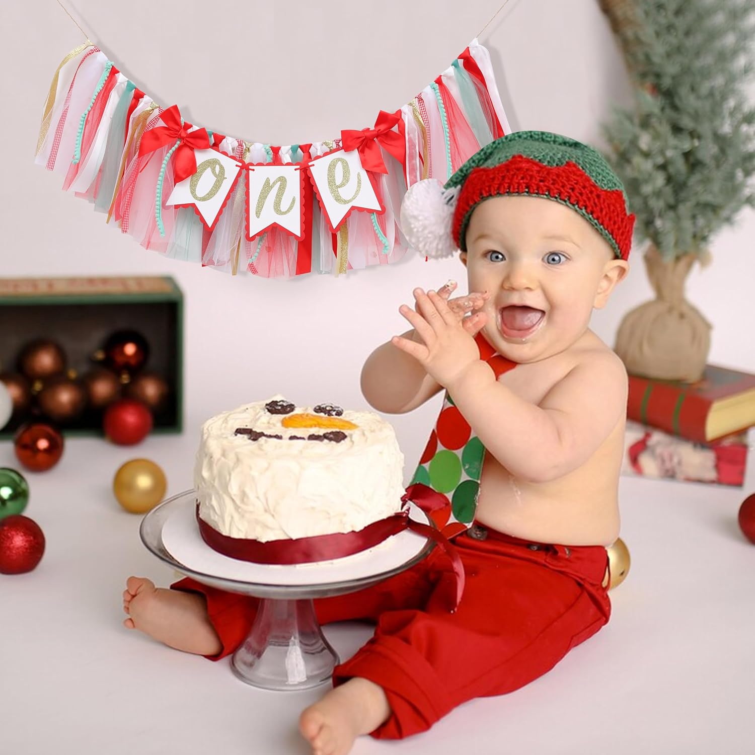 Christmas High Chair Banner - Red & Green, 1St Birthday Decoration For Girls, Tulle & Ribbon High Chair Decorations