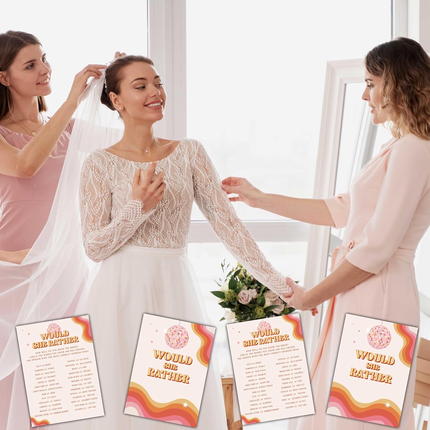 Disco Wedding Shower Games, Would She Rather Bridal Shower Games Cards, Retro Bachelorette Party Game Ideas, Engagement Party Supplies & Activity, Set Of 30 Cards -B05