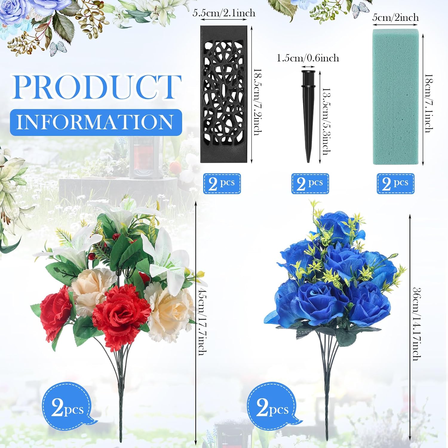 2 Sets Artificial Cemetery Flowers With Vase Artificial Rose Lily Peony Bouquet Graveyard Memorial Flowers For Cemetery Headstones Graveside Graveyard Grave Vase Decoration(White And Blue)