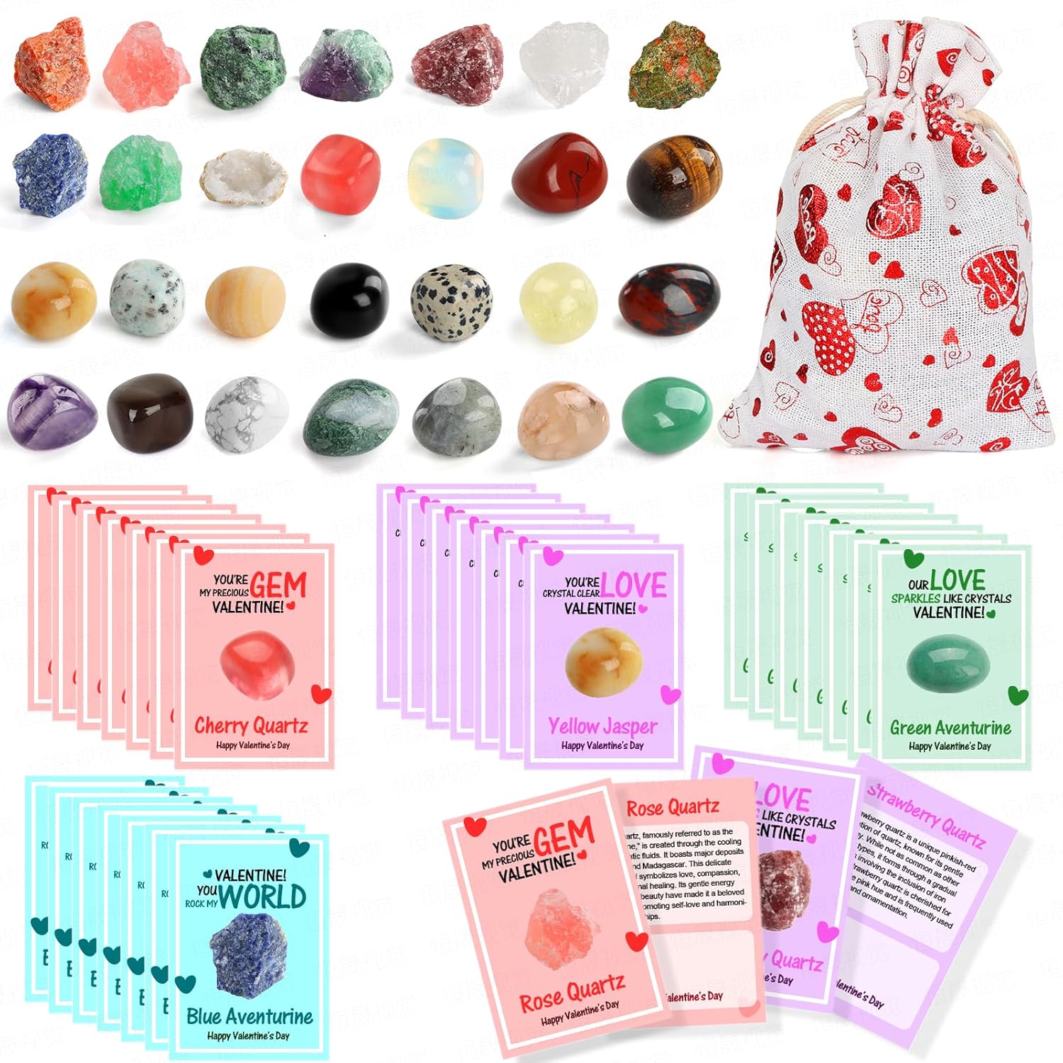 Valentines Day Cards For Kids School, 28 Sets Valentines Day Cards Natural Gemstone Crystals Rocks Minerals Bulk, Valentine Exchange Card For Kids Girls Boys School Class Classroom Party Favors (#1)