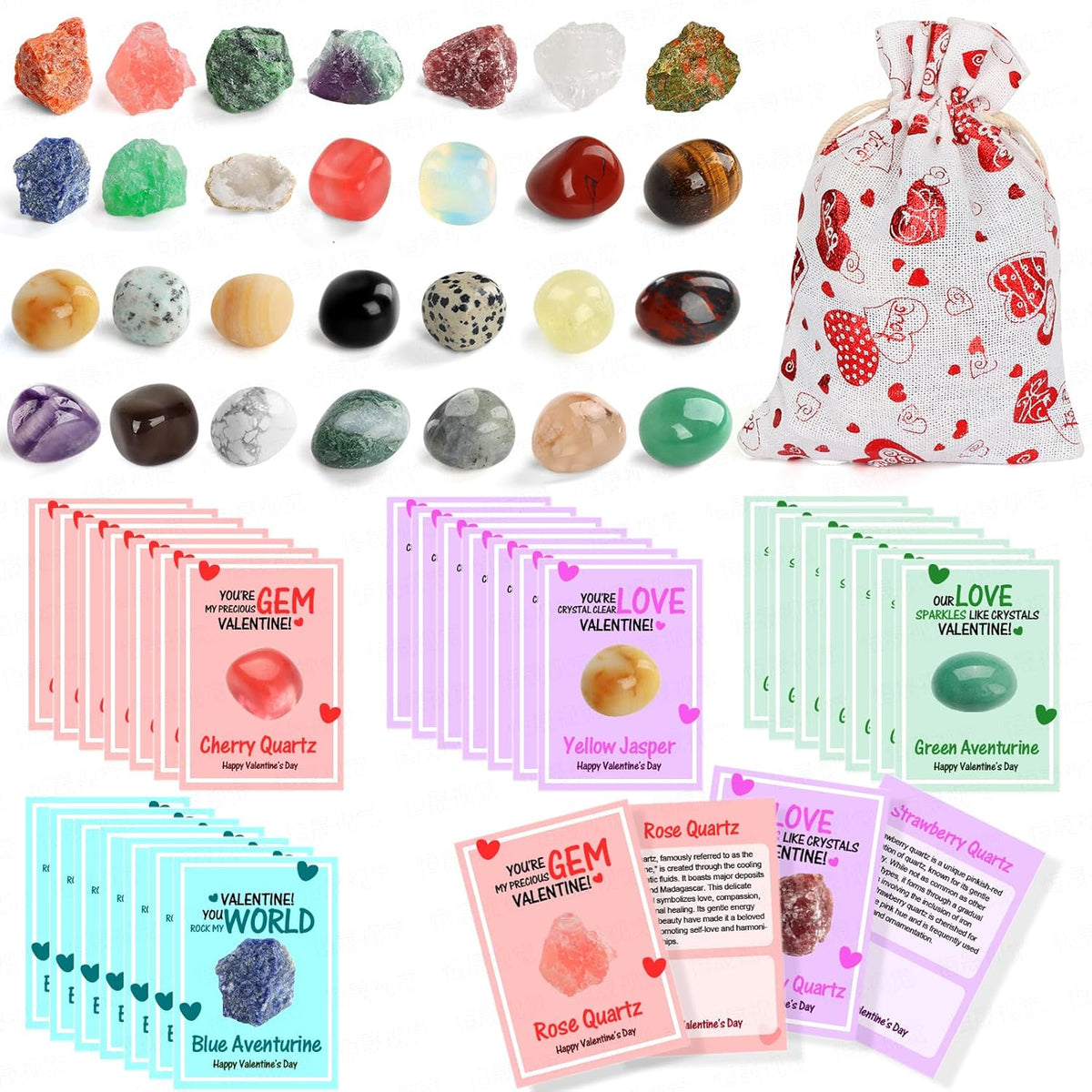 Valentines Day Cards For Kids School, 28 Sets Valentines Day Cards Natural Gemstone Crystals Rocks Minerals Bulk, Valentine Exchange Card For Kids Girls Boys School Class Classroom Party Favors (#1)