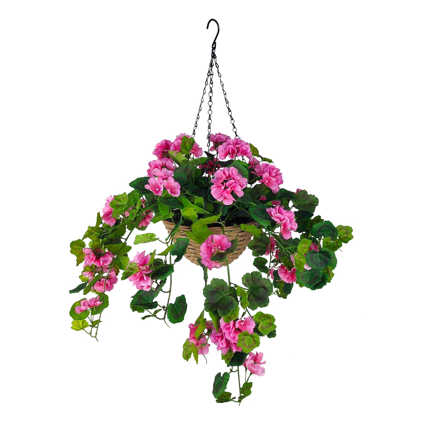 365 Blooming Decor 31.5"X 24" Artificial Hanging Pink Geranium-Lifelike Flowers With Durable Plastic Wicker Style Basket, Weather Resistant For Porch, Patio, Garden Decor, Adj. Branches, Easy Assembly